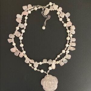 Pink and White Multi-Strand Necklace with Floral Pendant